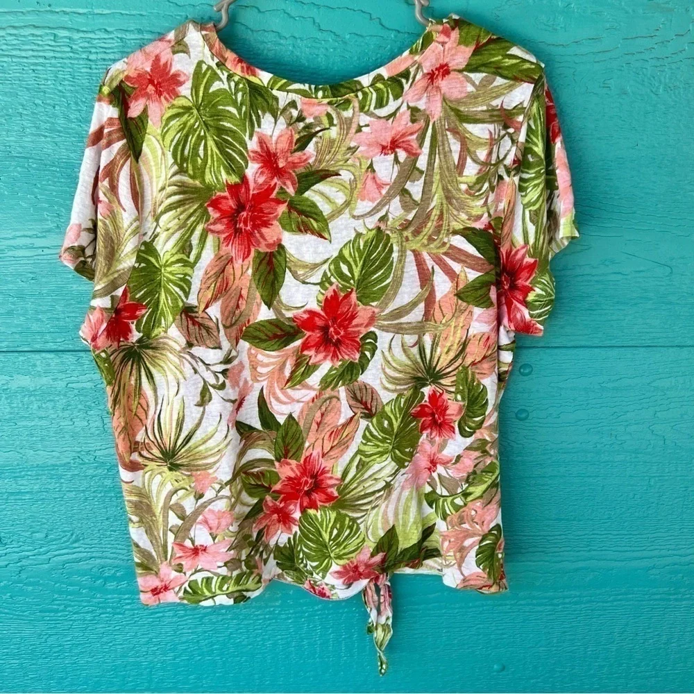 J.JILL LOVE LINEN TROPICAL FLORAL PRINT TIE FRONT BOXY TOP SIZE MEDIUM - Picture 4 of 8